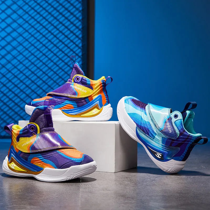 Children's breathable lightweight basketball shoes with PU mesh upper in purple blue and purple yellow, sizes 28-39