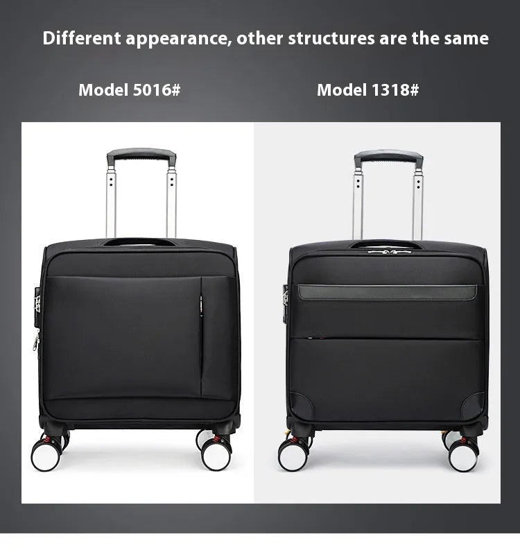 Black 18-inch Oxford cloth carry-on suitcase with retractable handle and four spinner wheels on a neutral background.