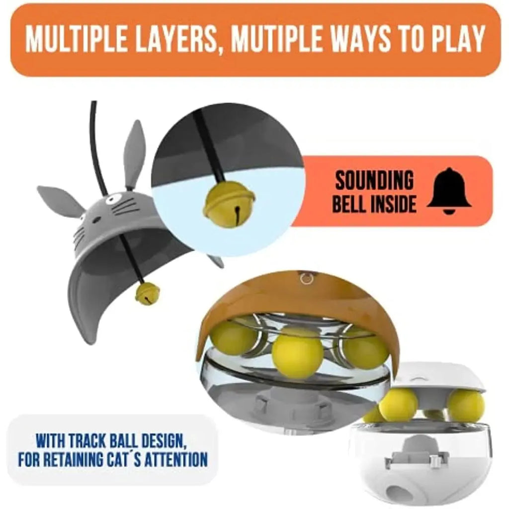 Interactive cat feeder toy in car shape with treat dispenser and sounding bell, available in brown, gray, pink, and white