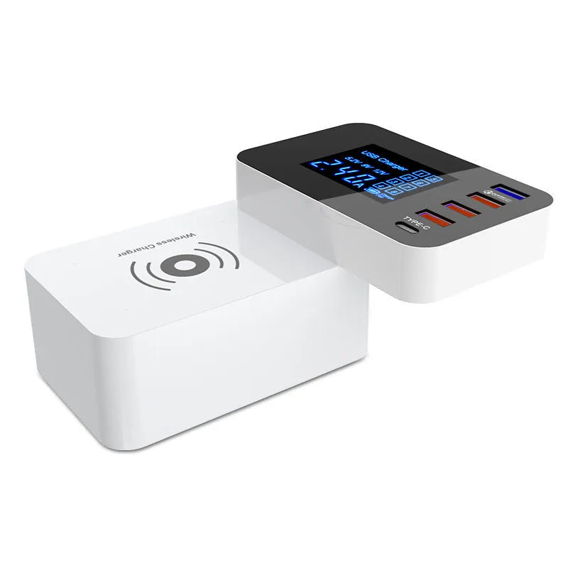 White multi-port USB fast charger with four USB-A ports, 1.5m cable, and international plug adapters.