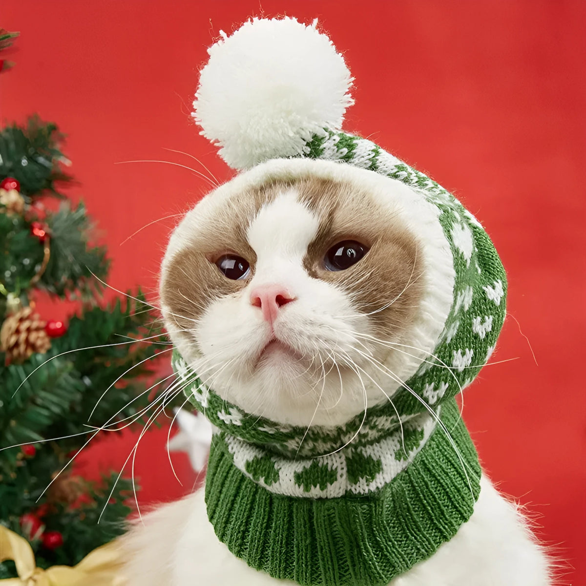 Knitted acrylic Christmas pet hat for dogs and cats with snowflake elk love pattern and fur ball detail in red or green, sizes S M L.