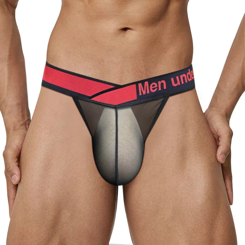 Men's black ice silk briefs showing large V gradient design and low waist.