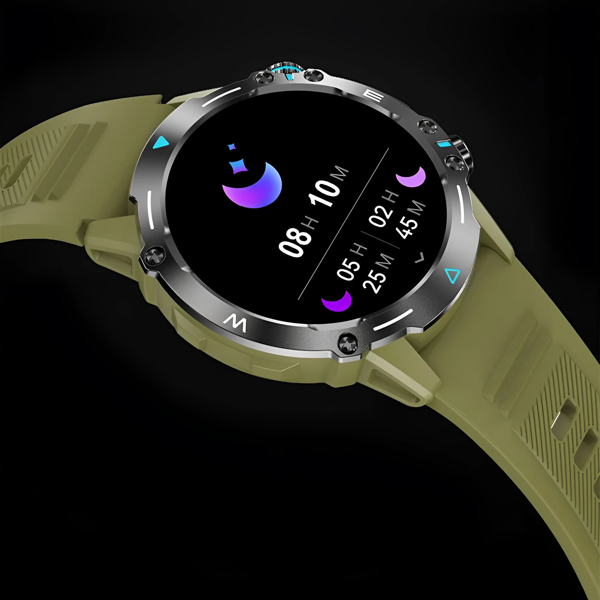 M42 smart watch in black, grey, or green with large AMOLED screen on wrist