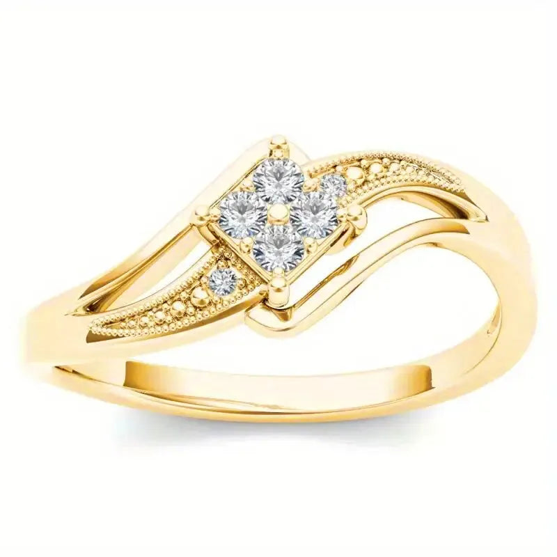 Women's copper diamond ring with micro inlaid zircon ornament in yellow gold colour showing geometric design