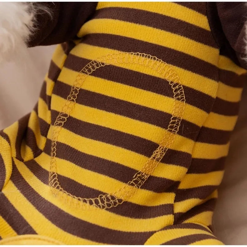 Dog pajama suit with yellowish-brown bee pattern on stripes, four-legged design, and lapel collar for small pets