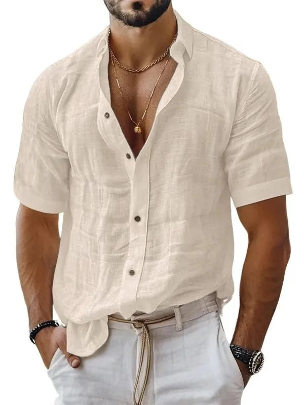 Men's short sleeve lapel shirt in polyester blend fabric showing cardigan style and lapel collar