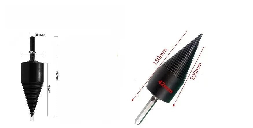 Hardened steel hexagonal firewood-breaking drill bit for electric drills in 32mm and 42mm sizes.