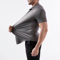 Men's short sleeve elastic shirt in cardigan style, non-ironing fabric, multiple colour options on hanger.
