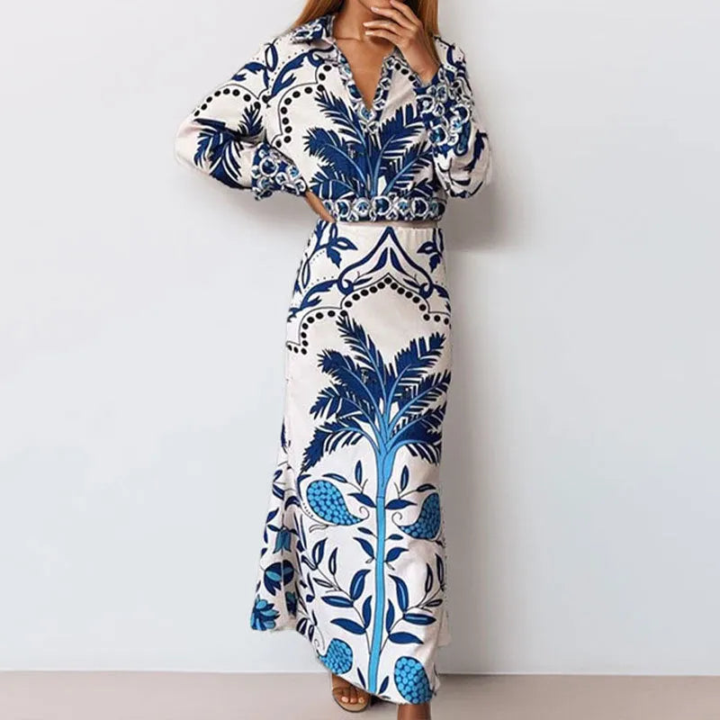 Women's early spring casual fashion set with long sleeve top and long skirt in picture colour.