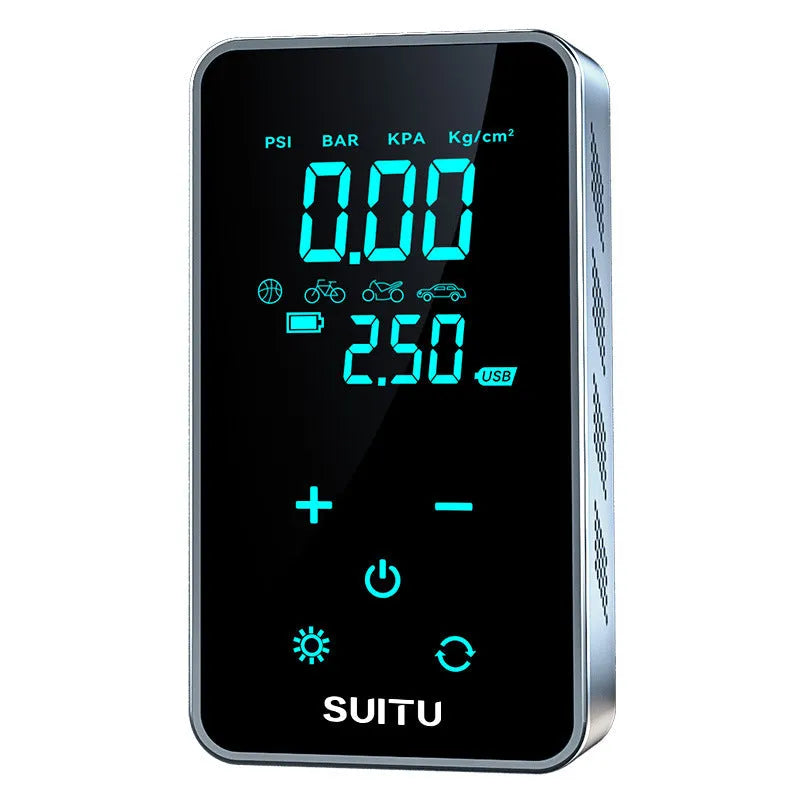 ST-9616C wireless portable tyre inflator pump with LCD screen on black ABS body