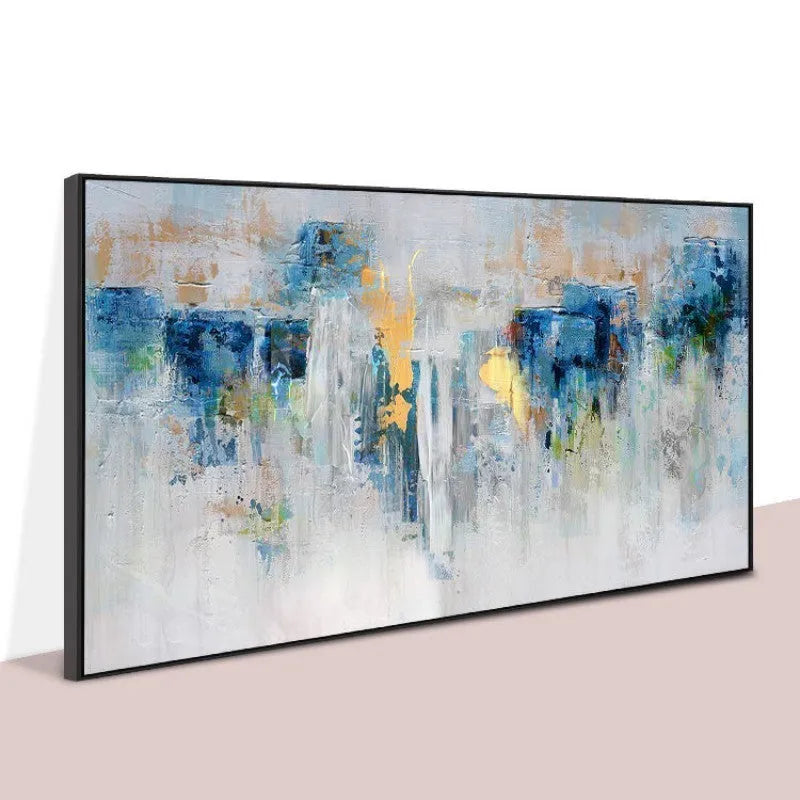 Handmade modern abstract oil painting on canvas blue and gold horizontal landscape frameless unstretched rolled
