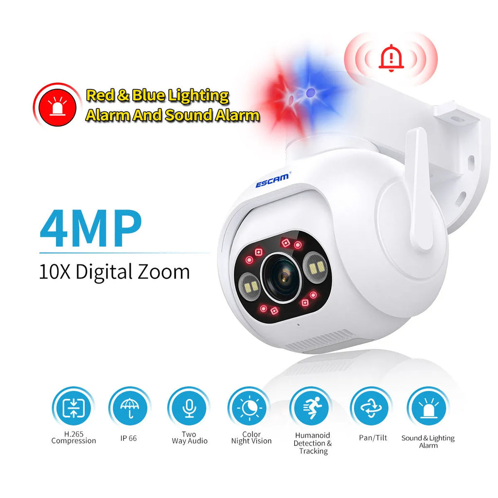 White plastic smart security camera with wall mount bracket, showing lens and status light.