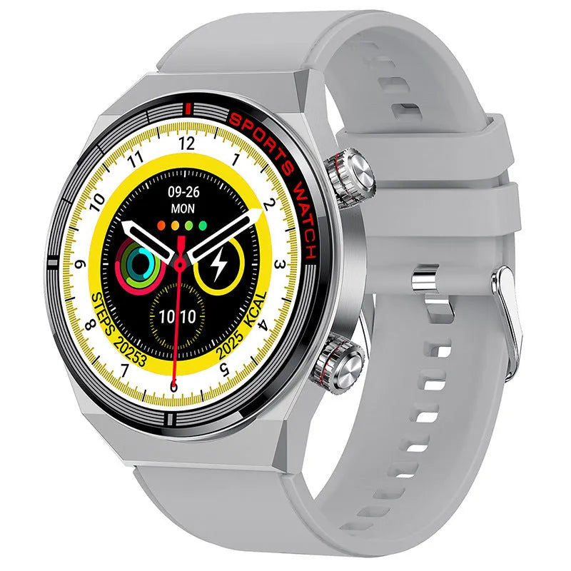 Black Bluetooth smartwatch with genuine leather strap and rotary key on a 1.3-inch screen