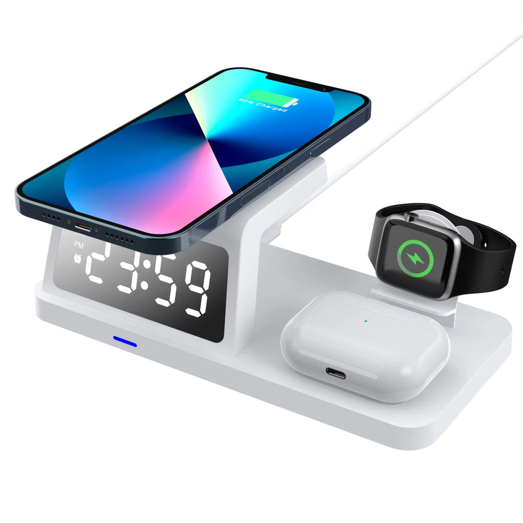 Four-in-one clock wireless charger in white or black with 15W output, QC3.0, and Type-C interface, model HT506
