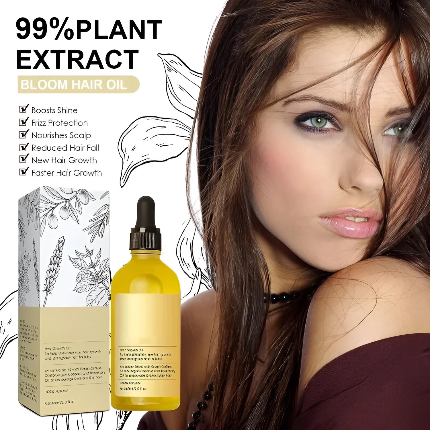 Yellow rosemary hair essential oil in a 60ml bottle for split ends and scalp treatment.