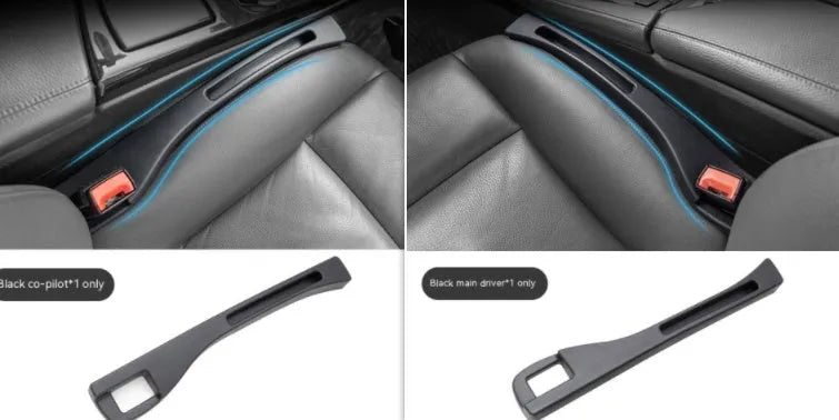 Black plastic car seat gap storage organiser box with handle inserted between vehicle seats