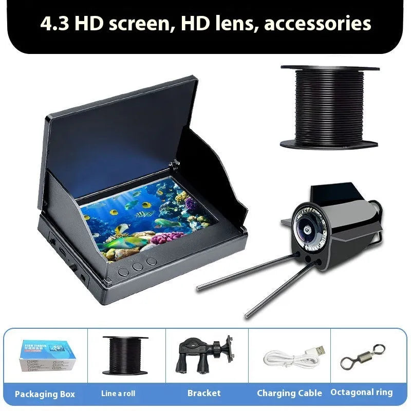 Underwater fish finder camera with 4.3-inch screen, wide-angle lens, and temperature sensor on a fishing boat.