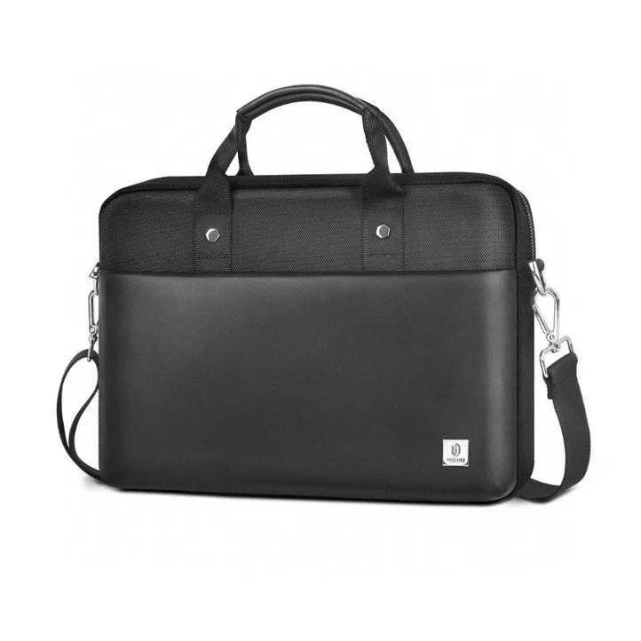 Black Oxford cloth laptop handbag showing multiple pockets and a lock, suitable for a 15.6-inch device.