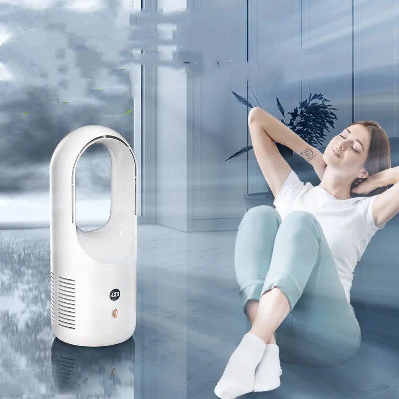 USB rechargeable bladeless desktop fan X28 with LED display showing silent portable cooling
