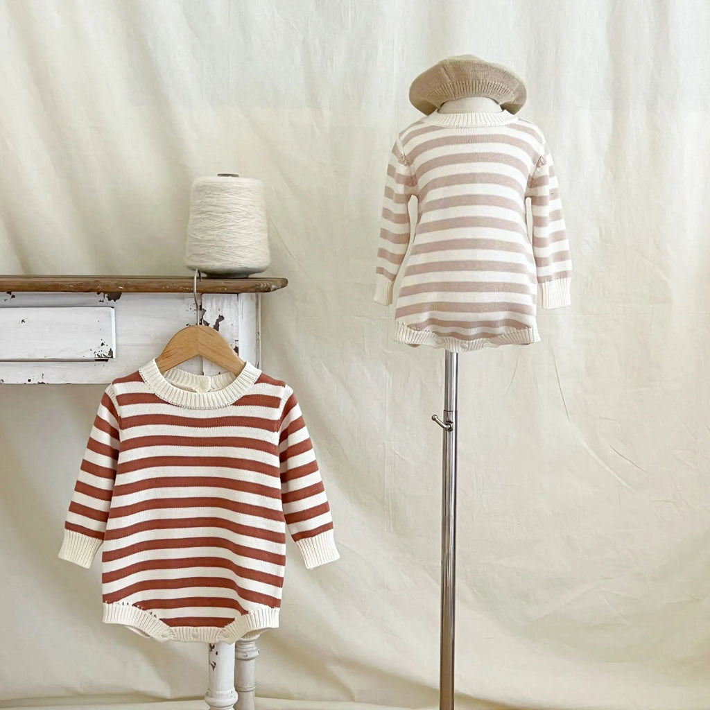Cotton baby romper long sleeve triangle jumpsuit in grey or coffee stripes, sizes 66cm to 100cm