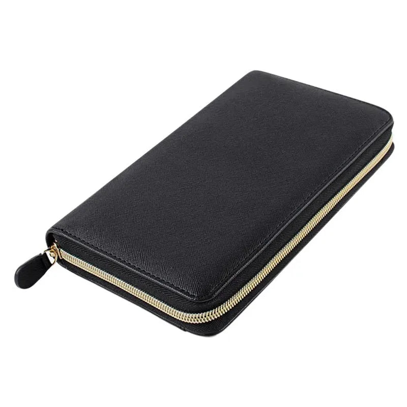 A6 loose-leaf binder journal zipper wallet in leather-look finish, 22 x 13.5 x 3.5cm, shown with optional envelope packaging accessories