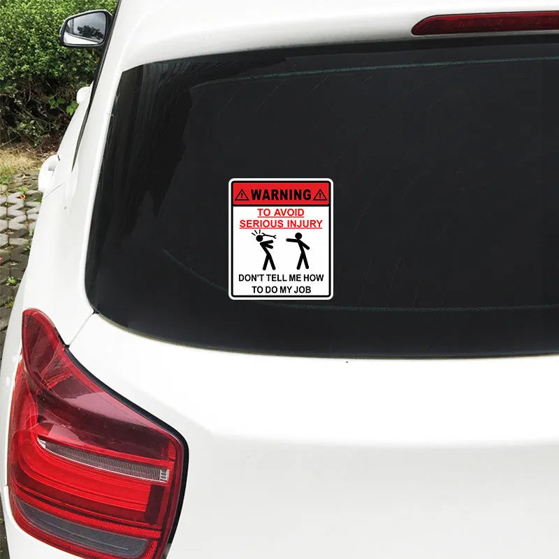 White rectangular adhesive safety sticker with black text reading warning to avoid serious injury, sized 14.9 by 12.6 centimetres.
