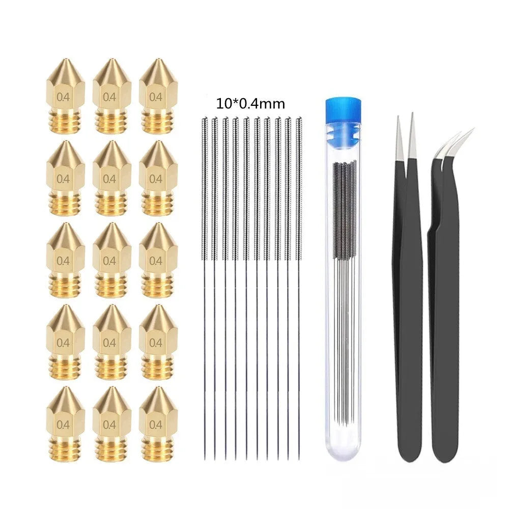 MK8 brass 0.4mm nozzle and stainless steel cleaning pin for 3D printer maintenance.