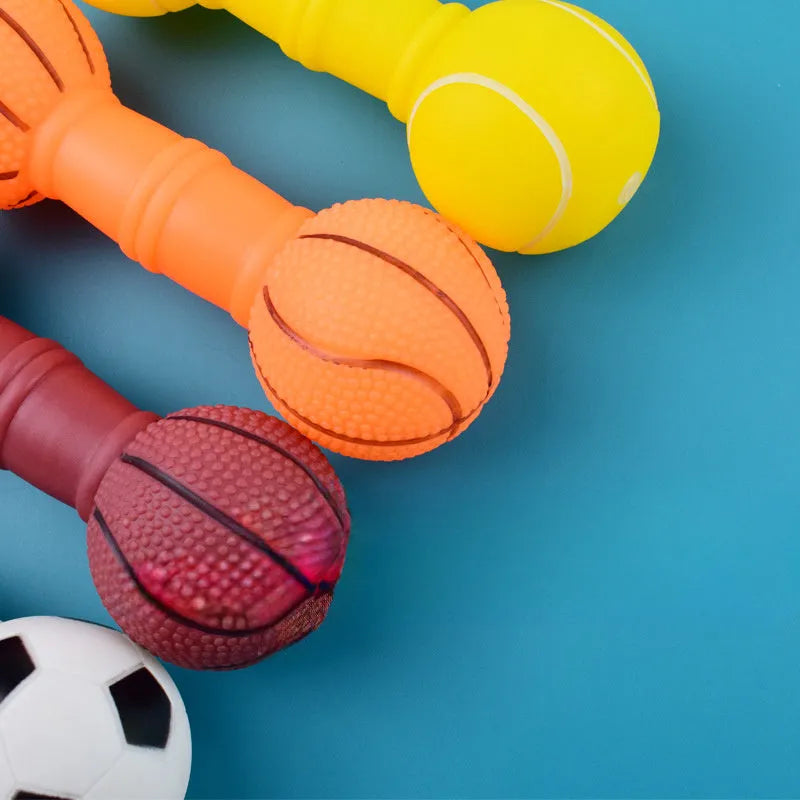 Brown and orange dumbbell-shaped PVC squeaky dog toy for small and medium pets.