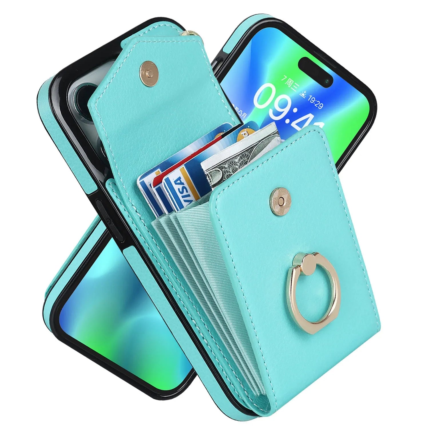Handmade PU leather wallet phone case with card slot and kickstand in Black for Apple iPhone