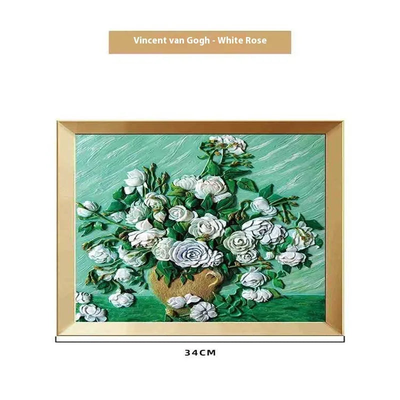 DIY filled oil painting craft kit with epoxy clay base, acrylic paints, and brushes for creating textured Van Gogh or Monet art reproductions.