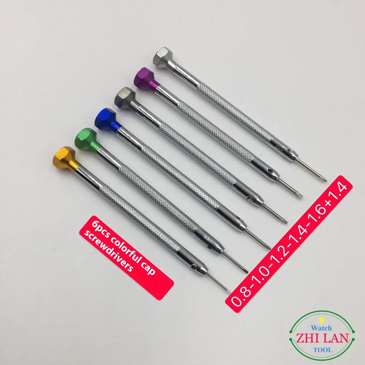 Six watch repair screwdrivers with coloured aluminium handles and copper grips for precision timepiece maintenance