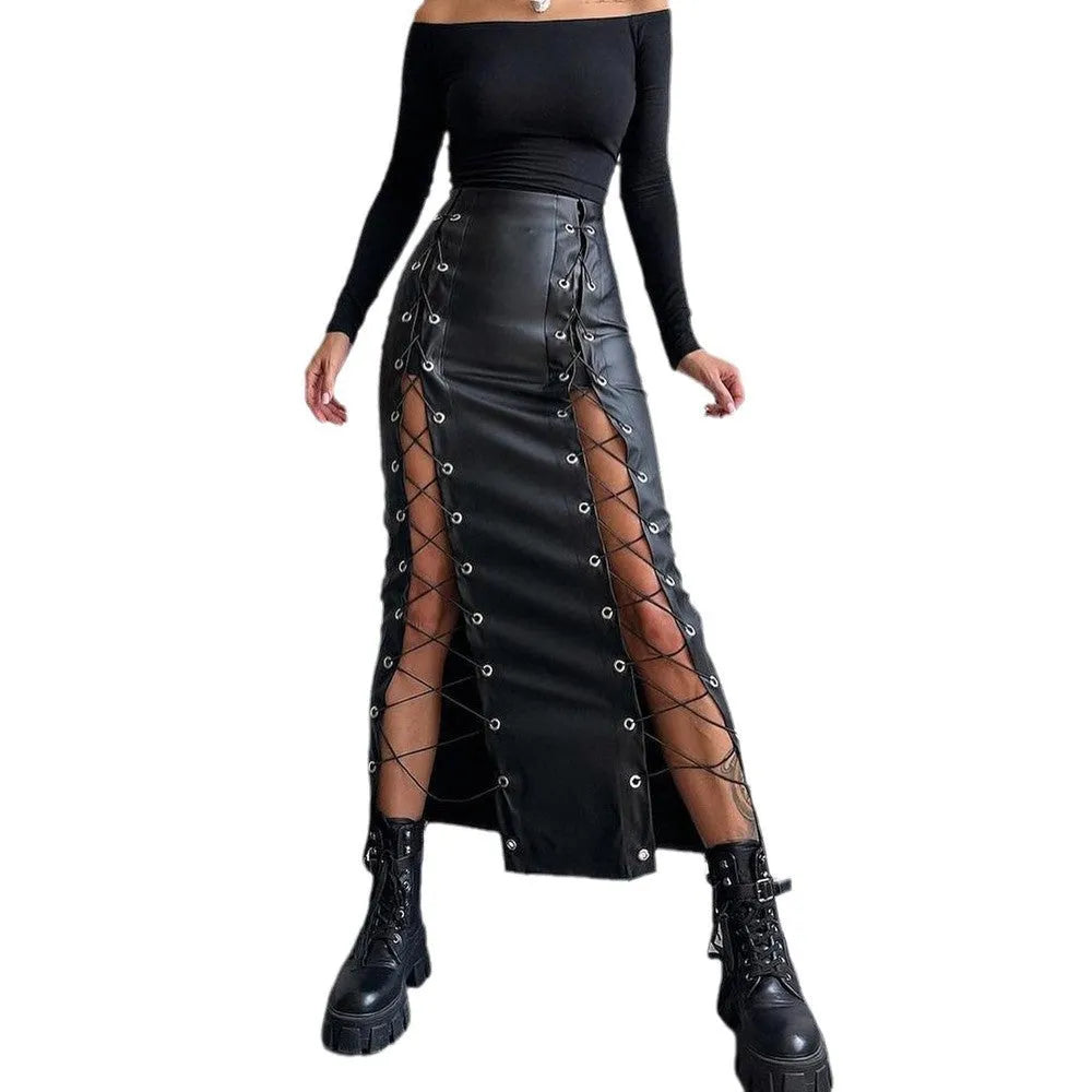 Women's PU leather pencil skirt in black with side slit and lace-up front detail