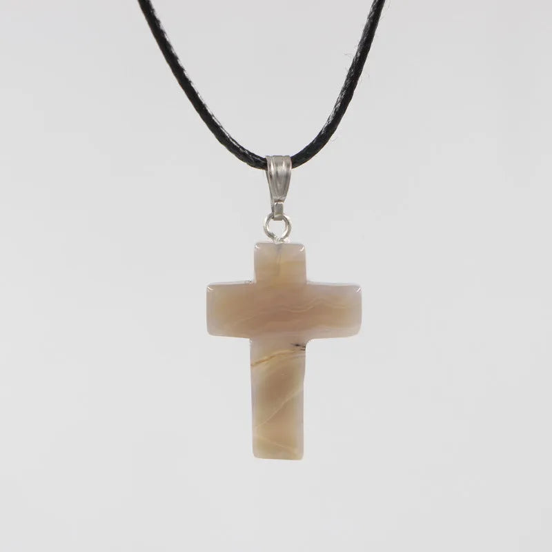 Natural stone cross marble pattern crystal pendant necklace in retro geometric shape, available in 25 colours, with alloy setting and snake bones chain