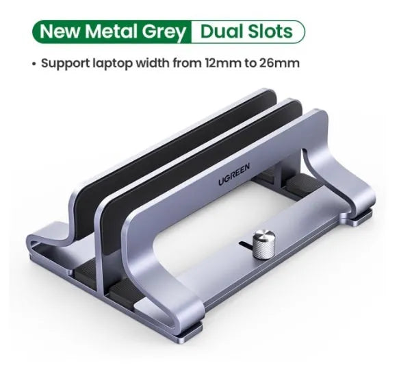 Silver aluminium alloy laptop cooling bracket with width adjustment slots for vertical notebook stands
