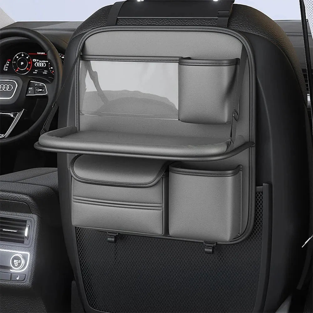 Leather car seat storage bag with foldable dining table in obsidian black colour