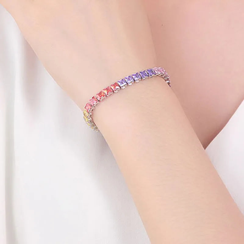 Electroplated real platinum square diamond women's bracelet with zircon stones in gang drill setting.