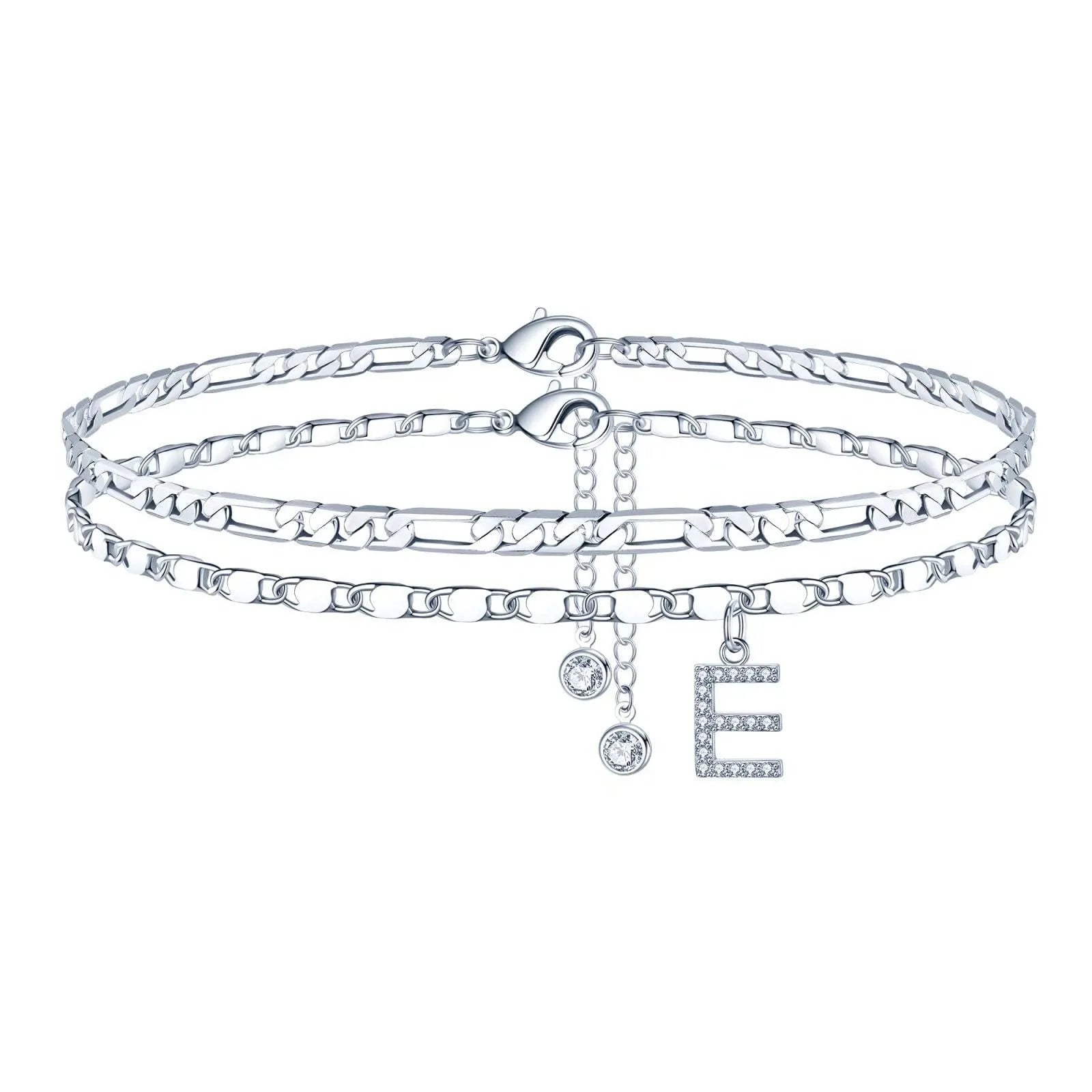 Silver colour copper anklet with double-circle design and text bead elements on ankle