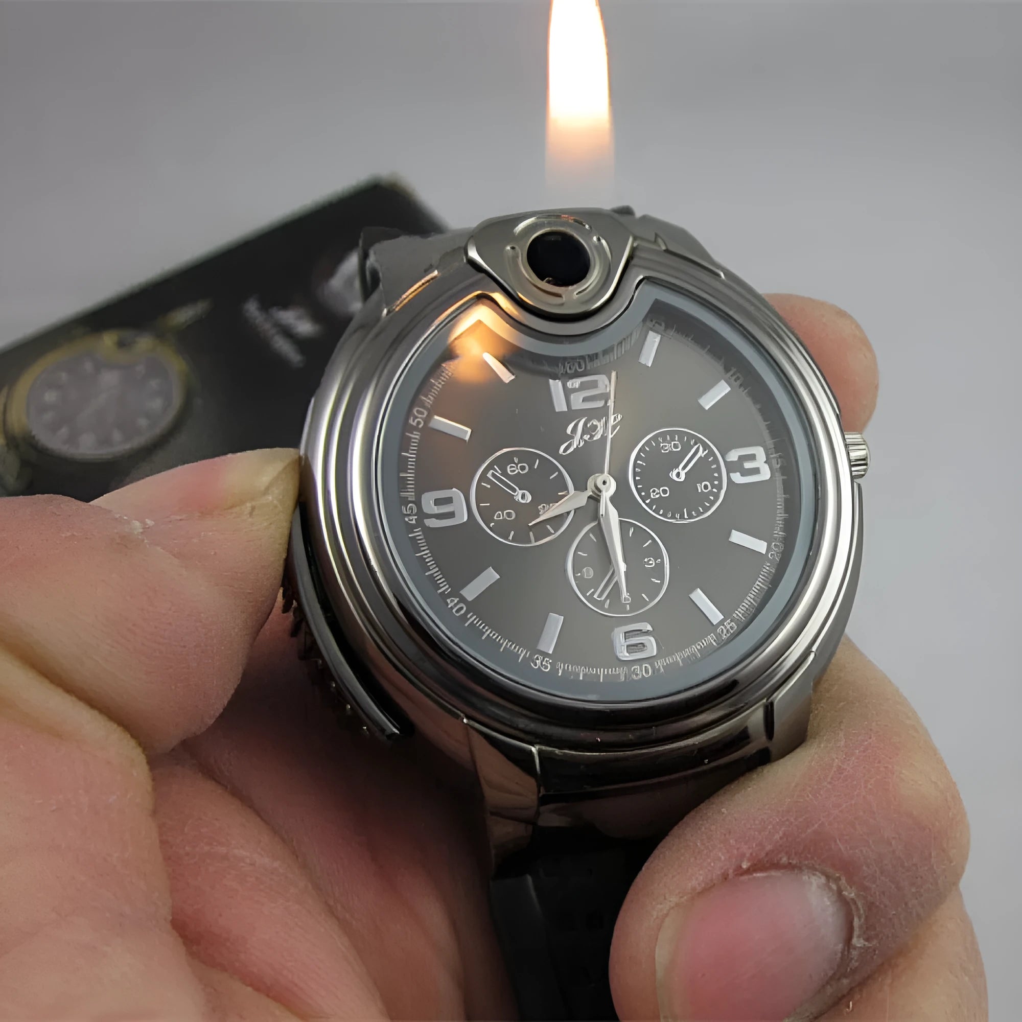 Metal butane lighter with hand-indicating fire mechanism, available in White or Black, electronic ignition, watch-style design