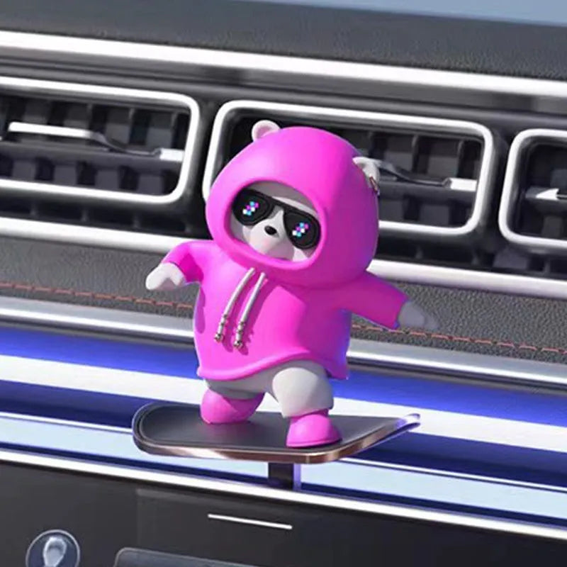 Mobile bear car decoration alloy cartoon moving bear ornament in Cherry Blossom Pink on car dashboard