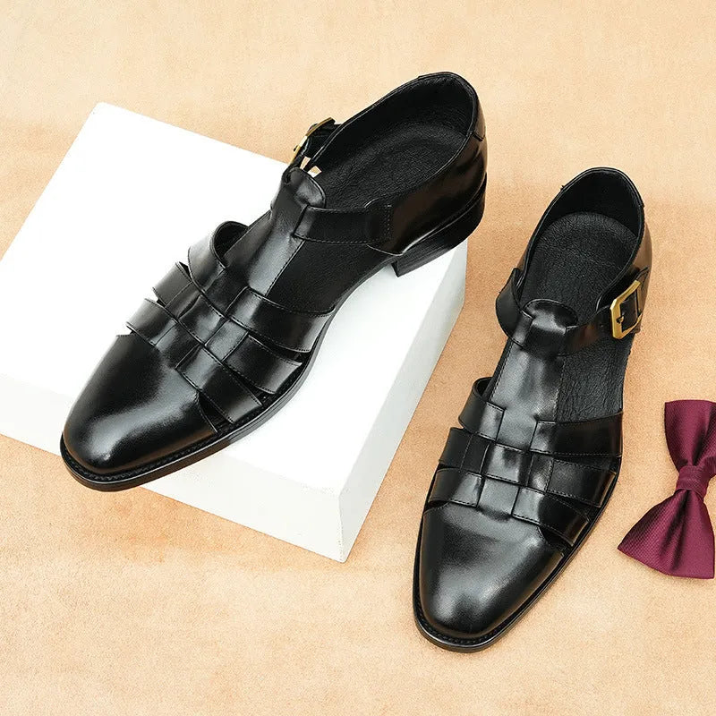 Men's black and brown genuine leather sandals with rubber soles for summer business casual wear