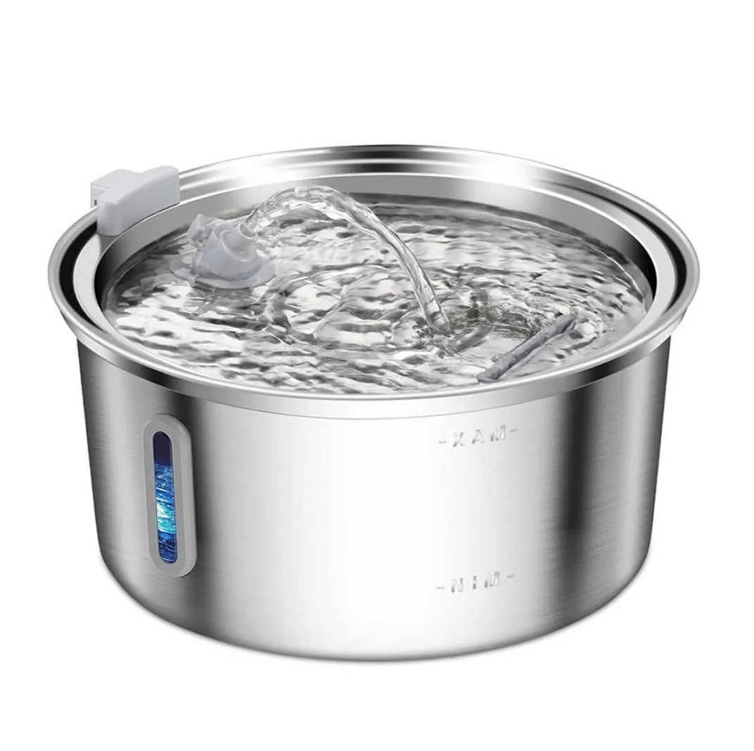 Stainless steel pet water dispenser with round basin and window faucet for dogs and cats.