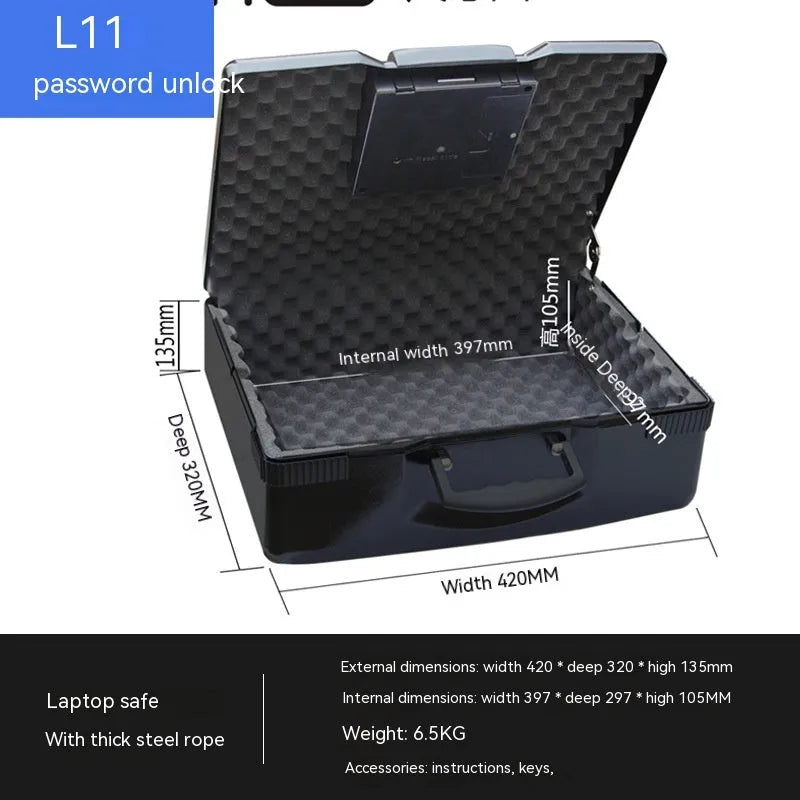 Portable small safe box with a mechanical dial combination lock on the front.