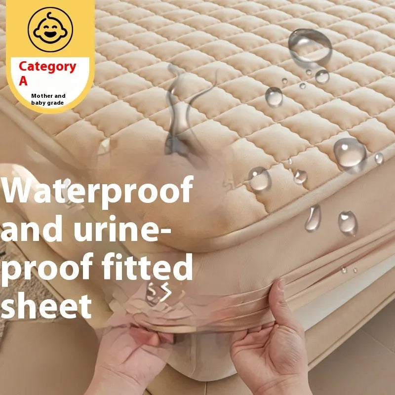 Blue waterproof fitted sheet with elasticated corners on a mattress.