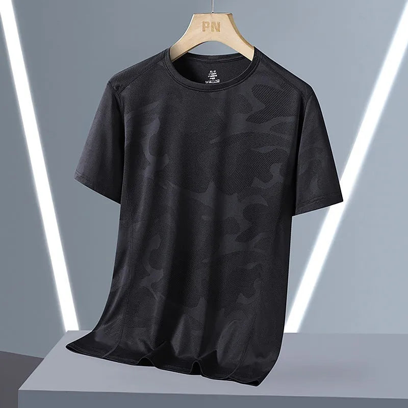 Men's nylon quick-drying short sleeve t-shirt in camouflage print or solid colours