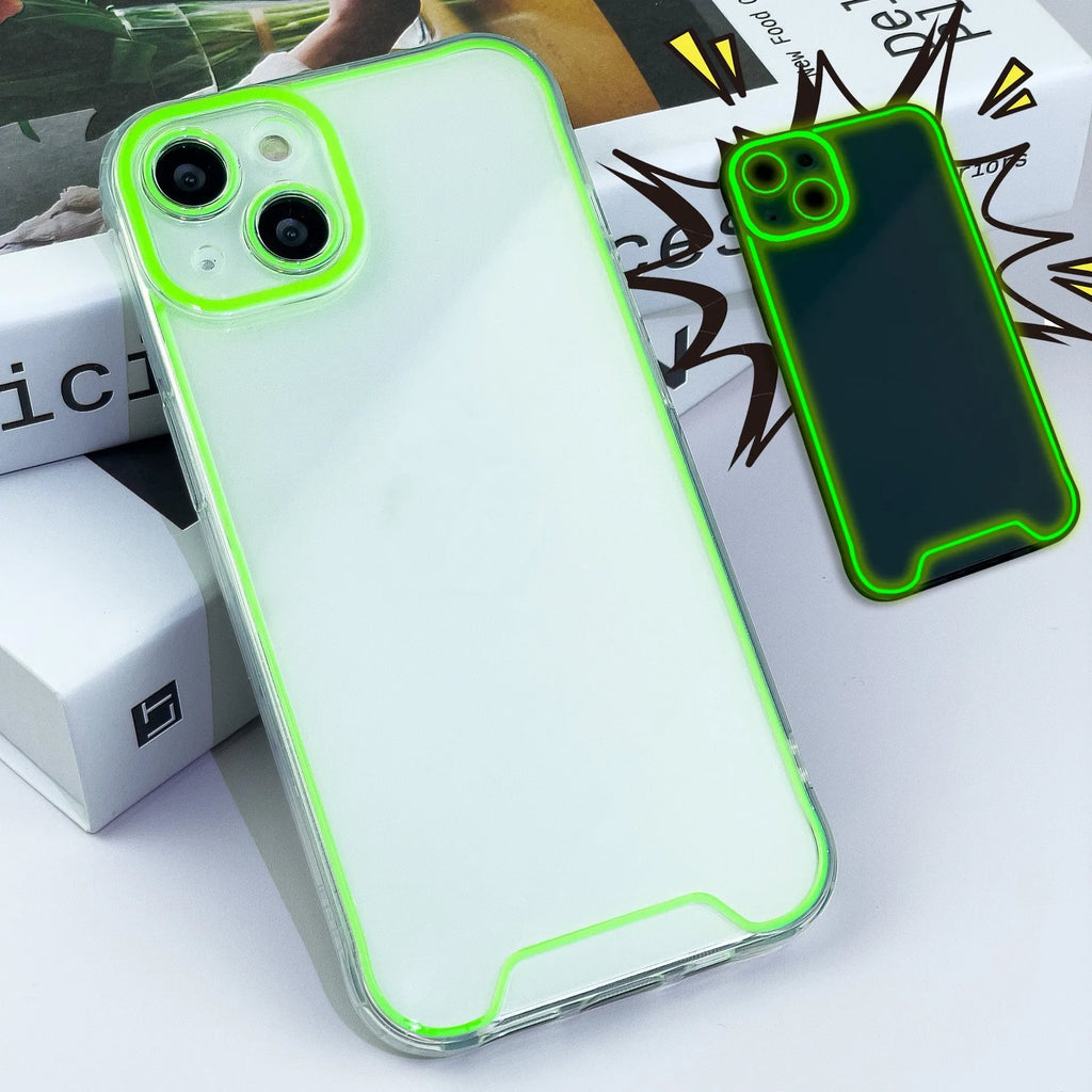 Glow in the dark Christmas soft TPU phone case for iPhone on a dark background, showing green colour.