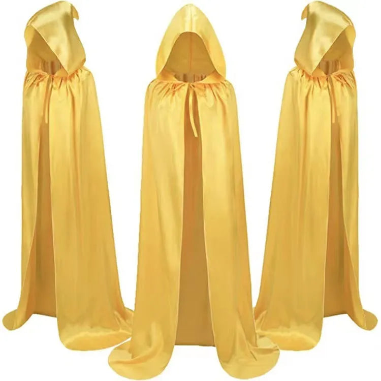 A black satin hooded cloak costume for children, shown laid flat.