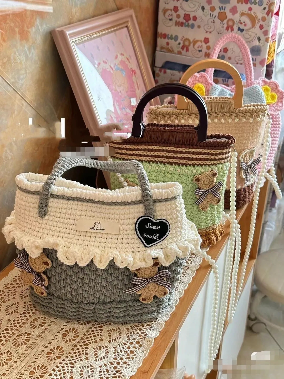Handmade wool crocheted bear shoulder bag with detachable wooden handle
