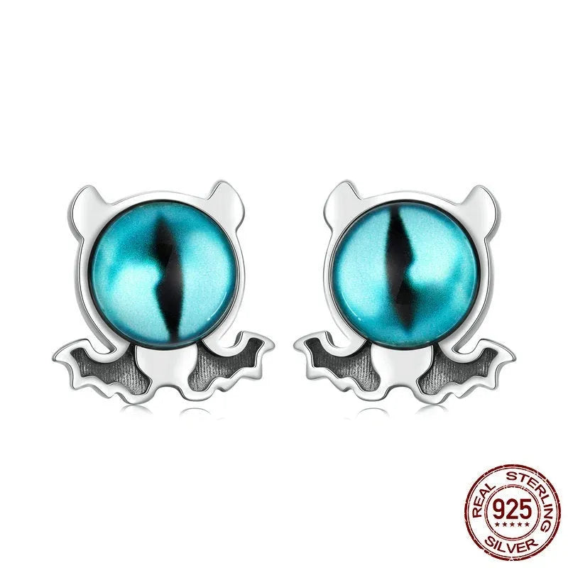 S925 sterling silver devil motif stud earrings for women, 1.2cm x 1.2cm, 2.4g, one pair