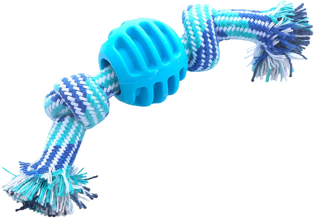 Blue soft dog chew toy with integrated rope for dental care and oral health.