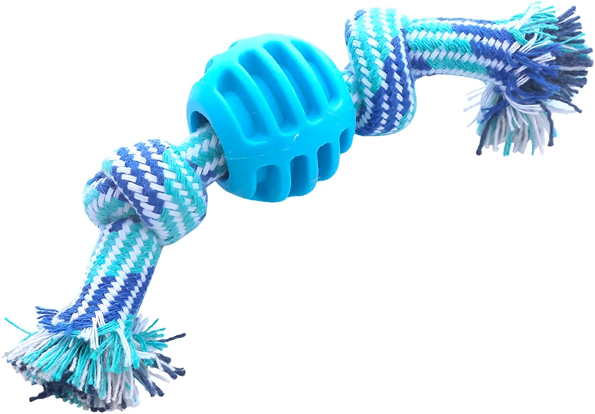 Blue soft dog chew toy with integrated rope for dental care and oral health.